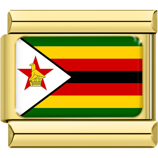Italian charm featuring the flag of Zimbabwe with colorful horizontal stripes and a white triangle containing a red star and the Zimbabwe Bird
